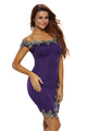 Gold Lace Applique Purple Off Shoulder Mini Dress