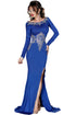 Gold Lace Applique Royal Blue Long Sleeve Prom Dress