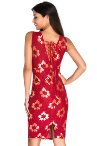 Golden Embroidered Red Floral Dress