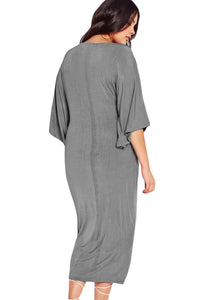 Gray Kimono Sleeve Knotted Pleated Front Plus Size Dress