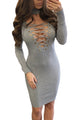 Gray Lace-up Bust Ribbed Dress