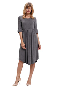 Gray Ruffle Sleeve Midi Jersey Dress