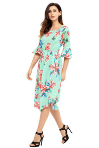 Sexy Green 3/4 Bell Sleeve Floral Midi Dress