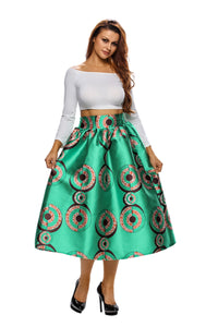 Green African Print A-line Pleated Midi Skirt