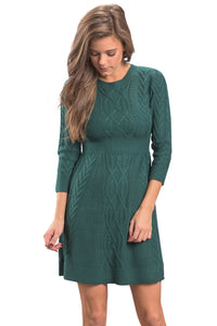 Sexy Green Cable Knit Fitted 3/4 Sleeve Sweater Dress