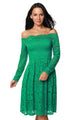 Green Long Sleeve Floral Lace Boat Neck Cocktail Swing Dress