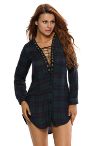 Green Navy Lace-up Front Plaid Shirt Dress