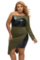 Green One-shoulder Leatherette Bust and Side Plus Size Dress
