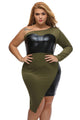 Green One-shoulder Leatherette Bust and Side Plus Size Dress