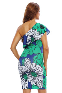 Greenish Floral Print Frill One Shoulder Midi Dress
