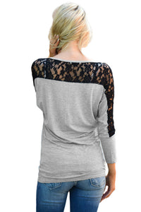 Sexy Grey Floral Lace Insert 3/4 Sleeve Top