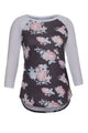 Grey Floral Print Raglan Sleeve Top