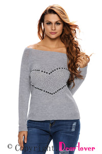 Grey Heart Shape Rhinestone Decor Off-shoulder Knit Sweater