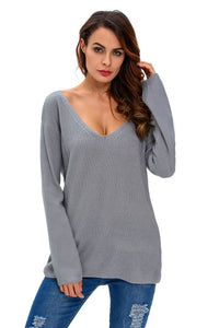 Grey Knitted Long Sleeve Plunge Jumper