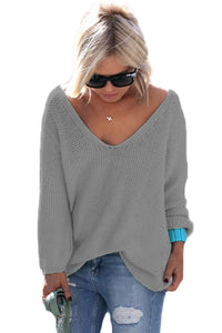 Grey Knitted Long Sleeve Plunge Jumper