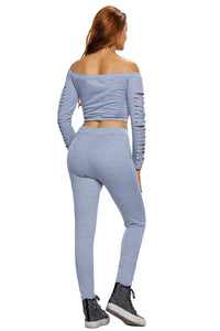 Grey Long Sleeve Crop Top Ribbed Cutout Pant Set