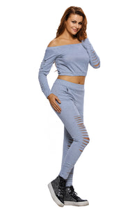 Grey Long Sleeve Crop Top Ribbed Cutout Pant Set