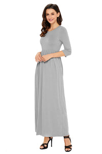 Sexy Grey Pocket Design 3/4 Sleeves Maxi Dress