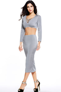 Grey Two Pieces Crisscross Bust Skirt Set
