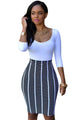 Half Sleeve O Neck Black White Stripe Skirt Patchwork Bodycon Dress