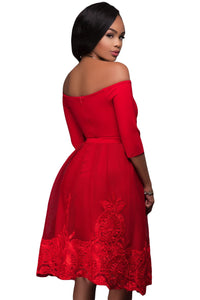 Hot Red Lacy Embroidery Tulle Skirt Skater Dress