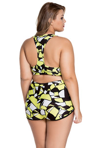 Irregular Colorblock Print Sporty Bathing Suit