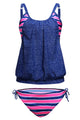Jeans Blue Layered-Style Striped Tankini with Triangular Briefs