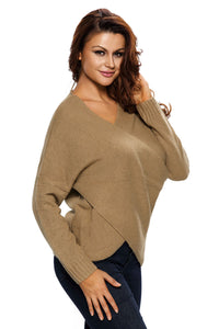 Khaki Long Sleeve Chunky Cross Wrap V Neck Tunic Pullover Sweater