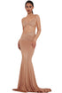 Khaki Sheer Glitter Mock Neck Cut Out Back Maxi Evening Gown