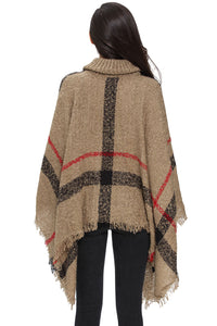 Khaki Turtleneck Tassel Cape Sweater