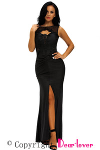 Lace Appliqued Mesh Cutout Metallic Black Party Gown