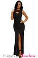 Lace Appliqued Mesh Cutout Metallic Black Party Gown