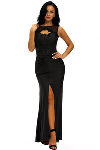 Lace Appliqued Mesh Cutout Metallic Black Party Gown