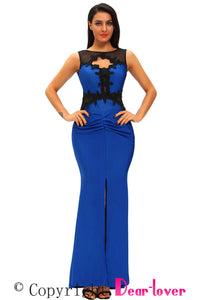 Lace Appliqued Mesh Cutout Metallic Blue Party Gown