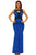 Lace Appliqued Mesh Cutout Metallic Blue Party Gown