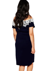 Lace Crochet Off Shoulder Blue Plus Size Pencil Dress