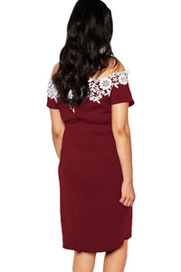Lace Crochet Off Shoulder Burgundy Plus Size Pencil Dress