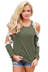 Lace Trim Cold Shoulder Green Long Sleeve Top