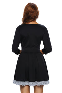 Lace Trim V Neck Sleeved Black Skater Dress