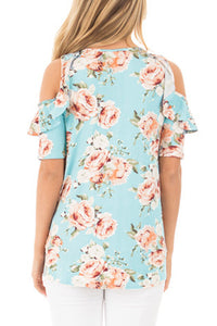 Light Blue Floral Cold Shoulder Top with Ruffle Sleeve