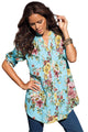 Light Blue V Neck Pleat Button Front Floral Tunic Top