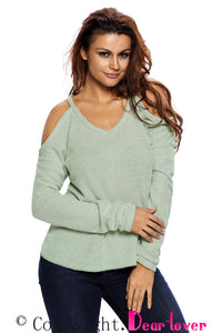 Light Green Cold Shoulder Knit Long Sleeves Sweater