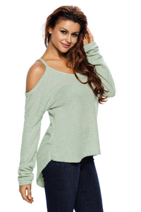 Light Green Cold Shoulder Knit Long Sleeves Sweater