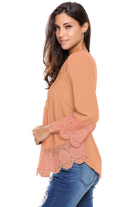 Light Orange Lace Detail Button Up Sleeved Blouse