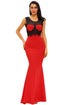 Mesh Splice Beaded Red Evening Dress