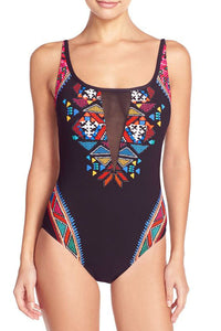 Mesh V Neck Insert Maillot One Piece Swimsuit