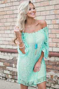 Sexy Mint Off The Shoulder 3/4 Sleeve Floral Lace Dress