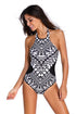 Monochrome Tribal Print High Neck One Piece Maillot