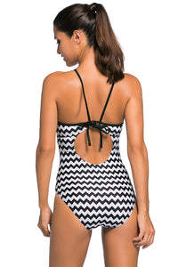 Monochrome Waved High Neck One Piece Maillot