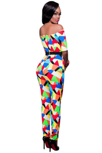 Multicolor Geometric Print Belted Off Shoulder Jumpsuit